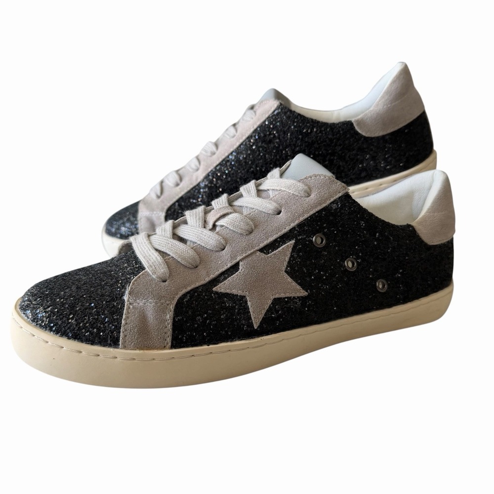 White Raven Glitter Star Sneaker Black/Grey Sz 9 Streetwear Glam Rock Star-Girl
